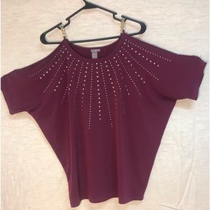 C. Oliver plum colored embellished cold shoulder top, size M.